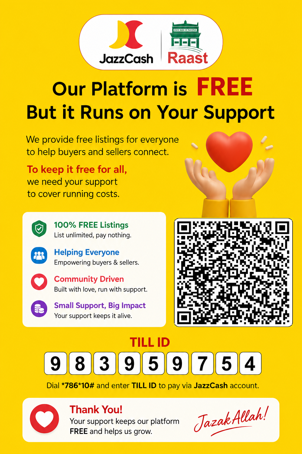 Support Bechly.pk via JazzCash Raast — scan the QR code or use Till ID 9839597 54 to donate