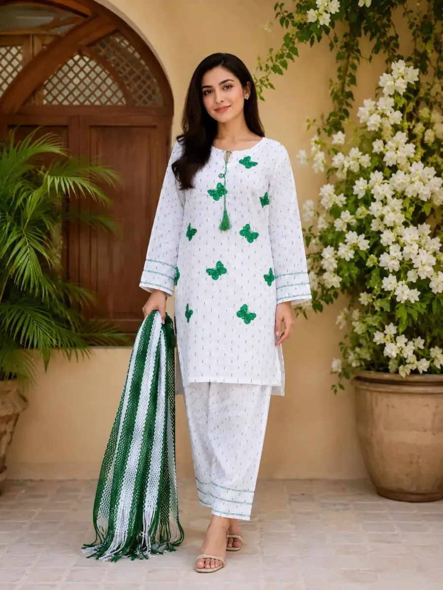 14 August 3-Piece Embroidered Cotton Lawn Suit - Green | Standard Size