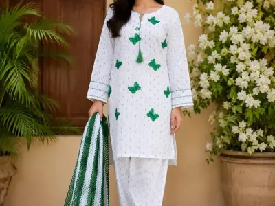 14 August 3-Piece Embroidered Cotton Lawn Suit - Green | Standard Size - photo 1