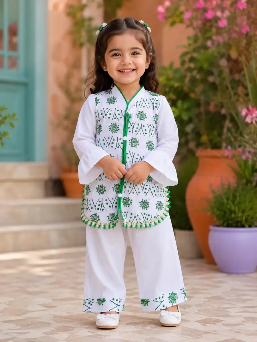 14 August 2-Piece Embroidered Cotton Lawn Suit for Girls - White | 1-6 Years