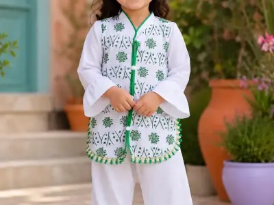 14 August 2-Piece Embroidered Cotton Lawn Suit for Girls - White | 1-6 Years - photo 1