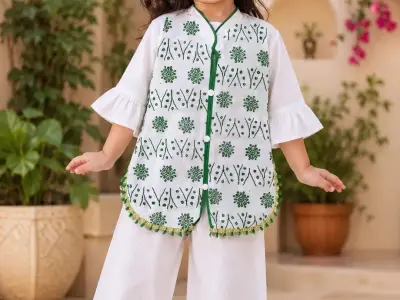 14 August 2-Piece Embroidered Cotton Lawn Suit for Girls - White | 1-6 Years - photo 2