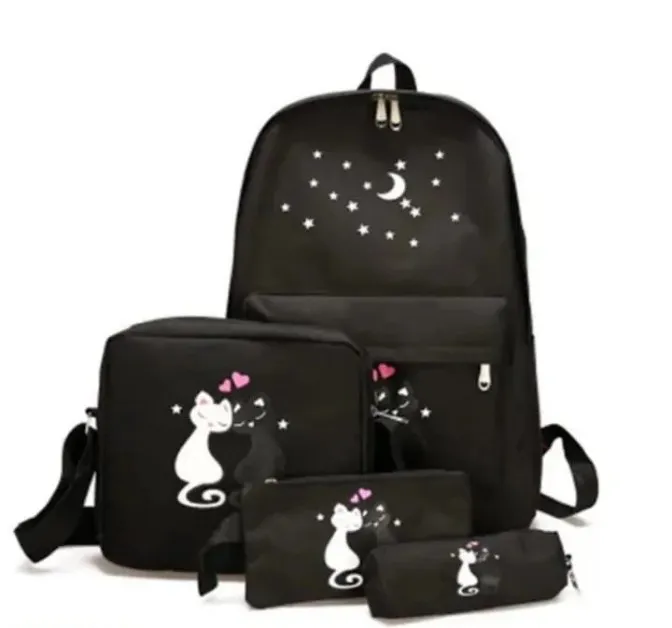 4-Piece Cute Cat Backpack Set for Girls 🐱✨ School & College Bag