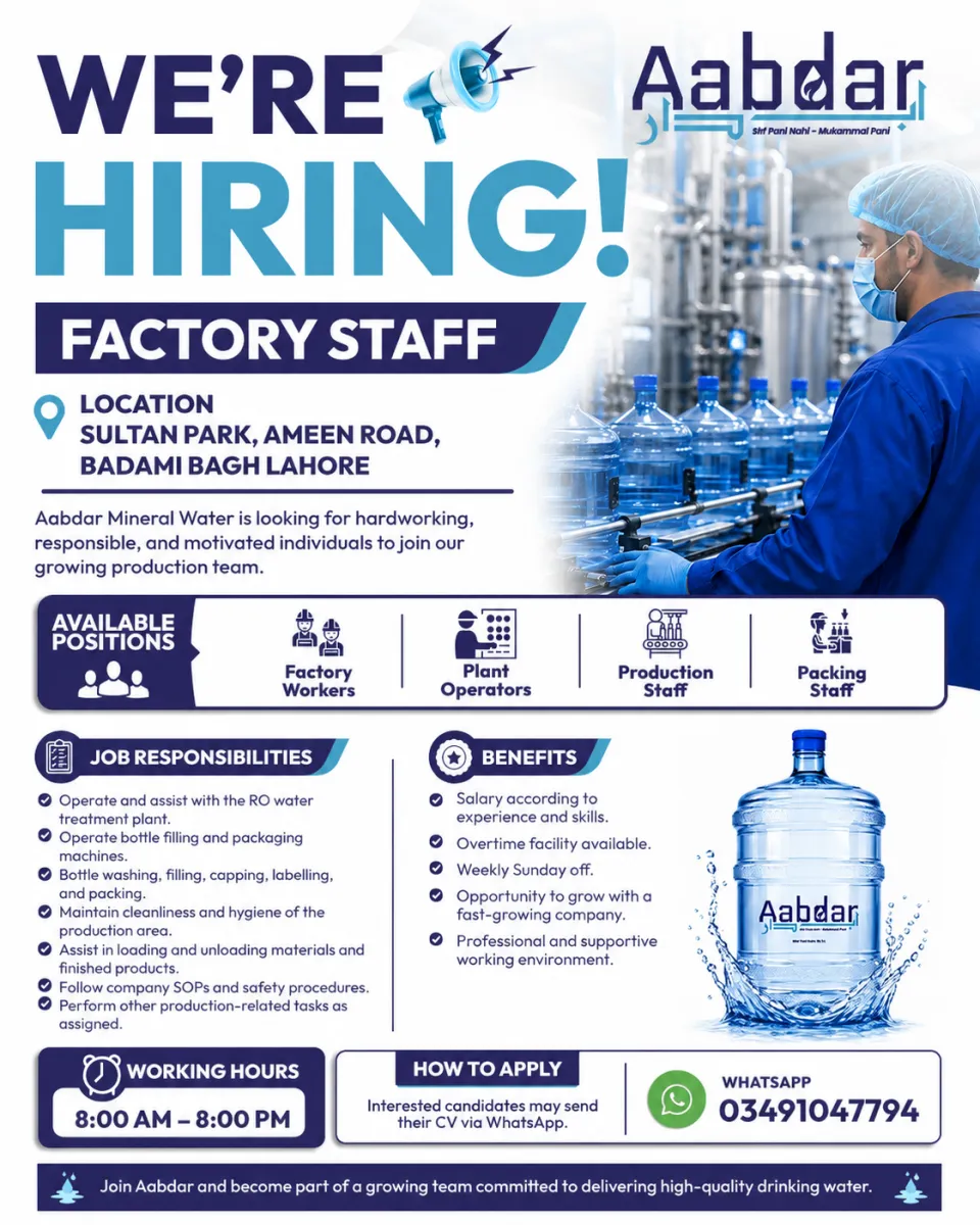 Factory Staff Required | Aabdar Mineral Water | Lahore | Plant Operators, Production & Packing Staff