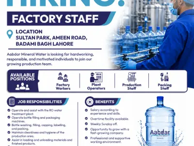 Factory Staff Required | Aabdar Mineral Water | Lahore | Plant Operators, Production & Packing Staff
