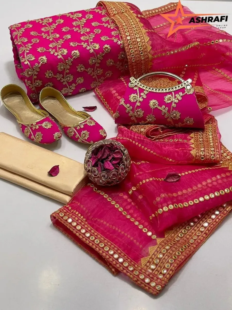Marbel Gotta Embroidery Pink Suit Set With Khussa & Clutch