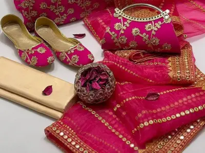 Marbel Gotta Embroidery Pink Suit Set With Khussa & Clutch - photo 1