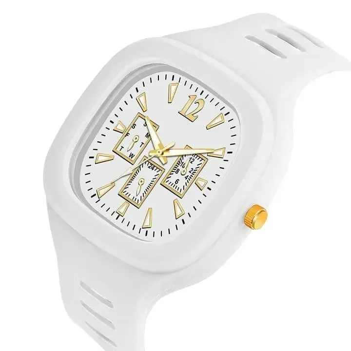 White square analog watch with gold accent