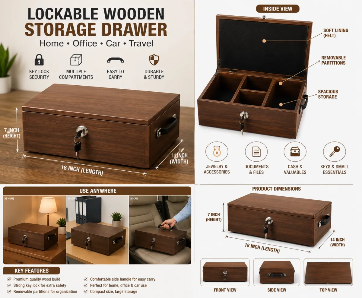 Wooden Storage Box with Lock & Compartments – Multipurpose Organizer