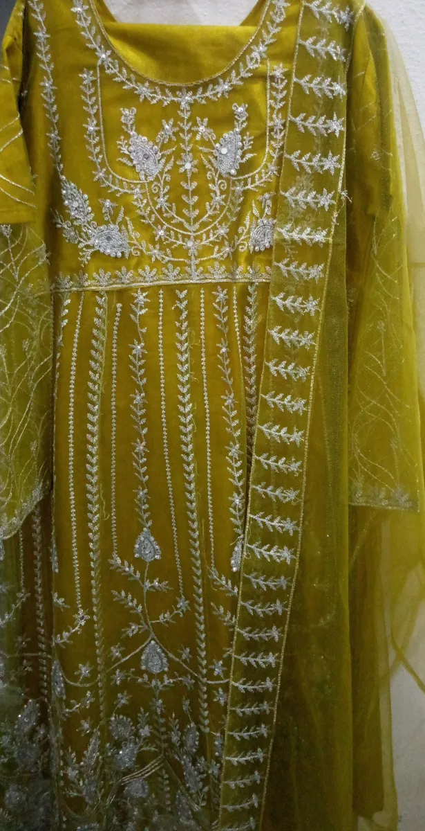 Heavy Embroidered Mustard Yellow Maxi with Net Dupatta - Party Wear