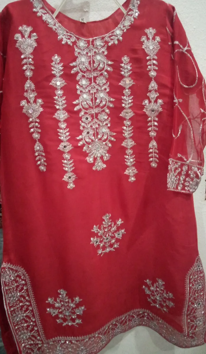 Heavy Embroidered Red Kameez Style with Flapor & Net Dupatta - 3 Piece