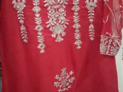 Heavy Embroidered Red Kameez Style with Flapor & Net Dupatta - 3 Piece