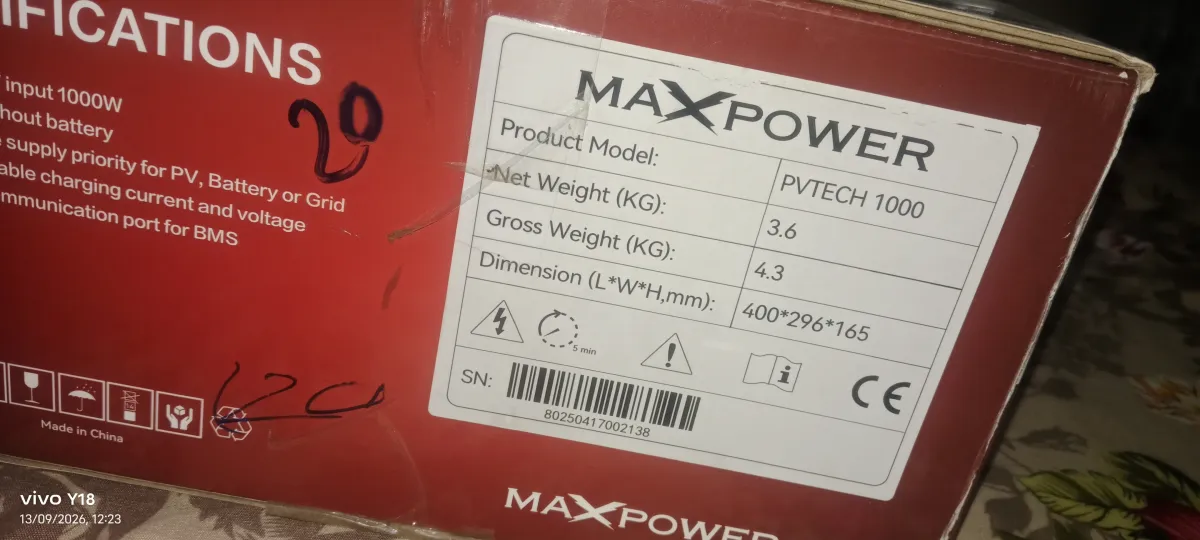 Brand & Model: MaxPower PVTECH 1000
Rated Power: 1200W (1.2 kW)
System Voltage: