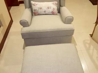Modern Light Grey Wingback Sofa with Footrest