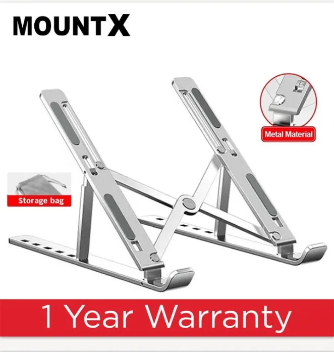 MOUNTX Ergonomic Aluminum Folding Laptop Stand – Adjustable Portable Notebook Holder with Storage Ba
