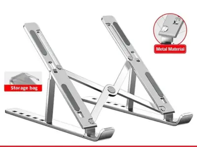 MOUNTX Ergonomic Aluminum Folding Laptop Stand – Adjustable Portable Notebook Holder with Storage Ba