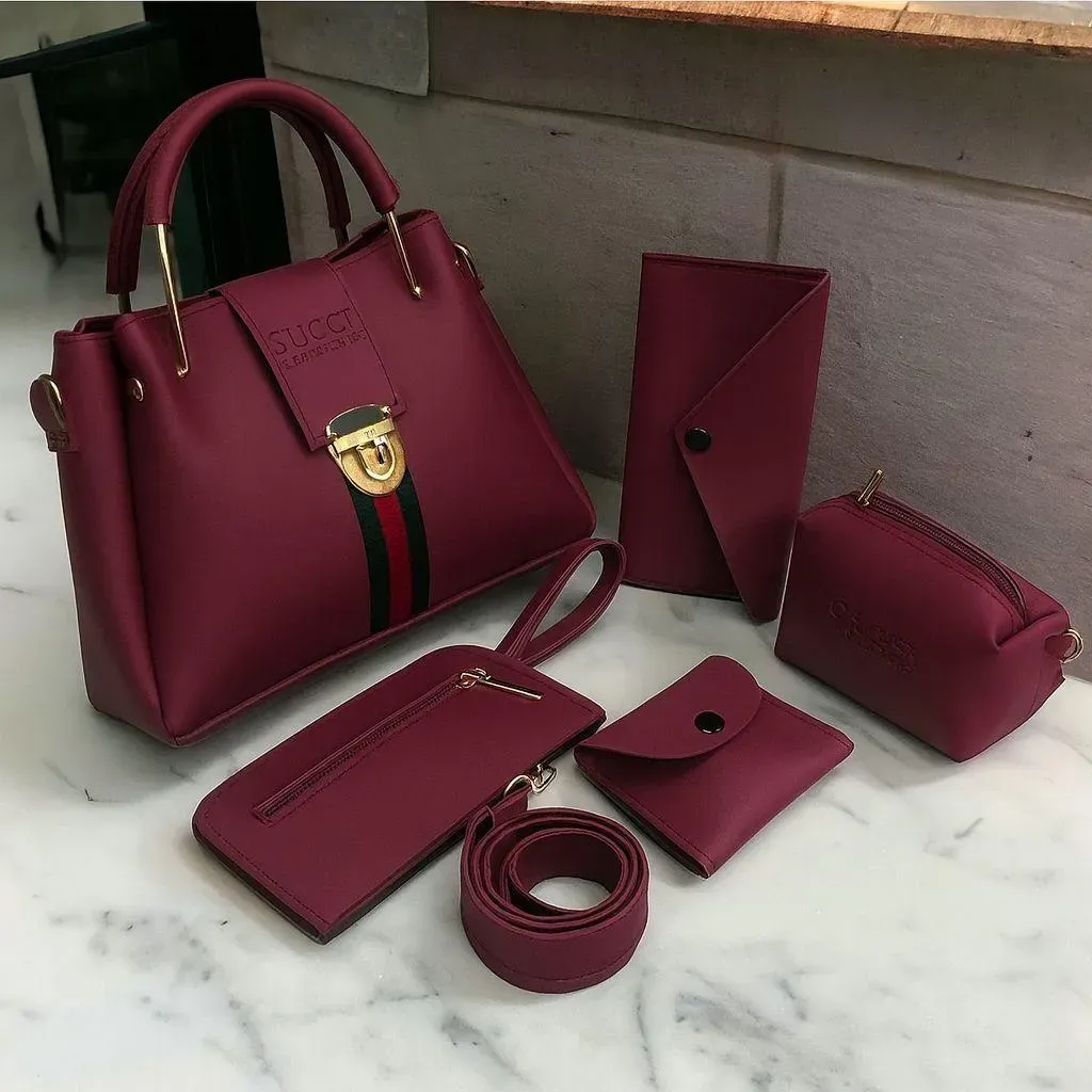 Maroon 5 Pc  Rexine Handbag Set for Girls  ( Black Brown Blue Peach Colour Available )
