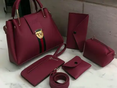Maroon 5 Pc  Rexine Handbag Set for Girls  ( Black Brown Blue Peach Colour Available )