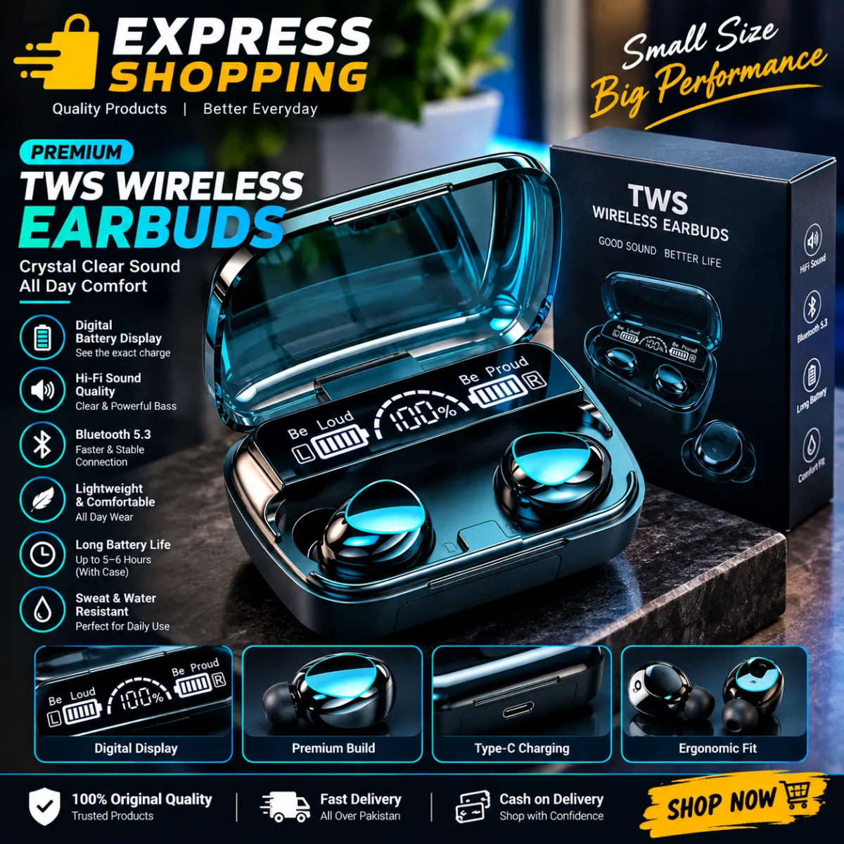 Premium TWS Wireless Earbuds with Digital Battery Display | Bluetooth 5.3 | Blac