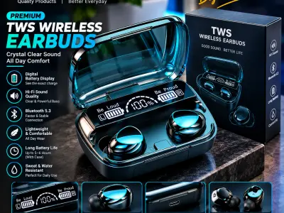 Premium TWS Wireless Earbuds with Digital Battery Display | Bluetooth 5.3 | Blac - photo 1