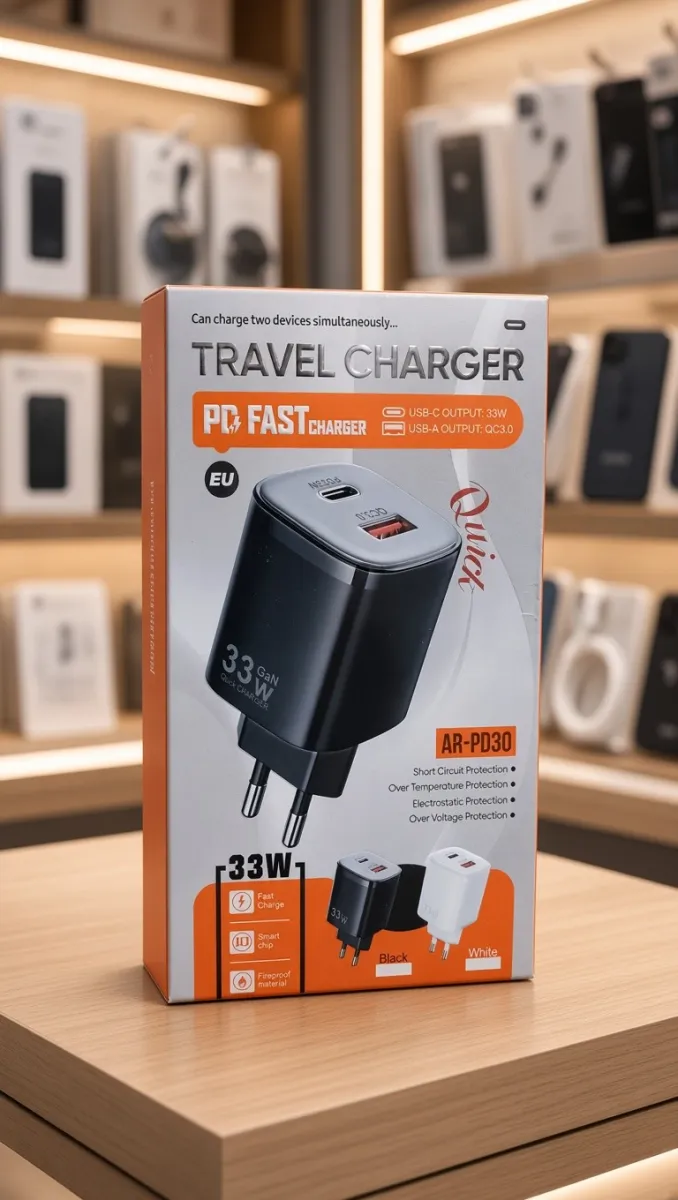 33W GaN PD Fast Travel Charger | Dual Port (USB-C 33W + QC 3.0) | Black