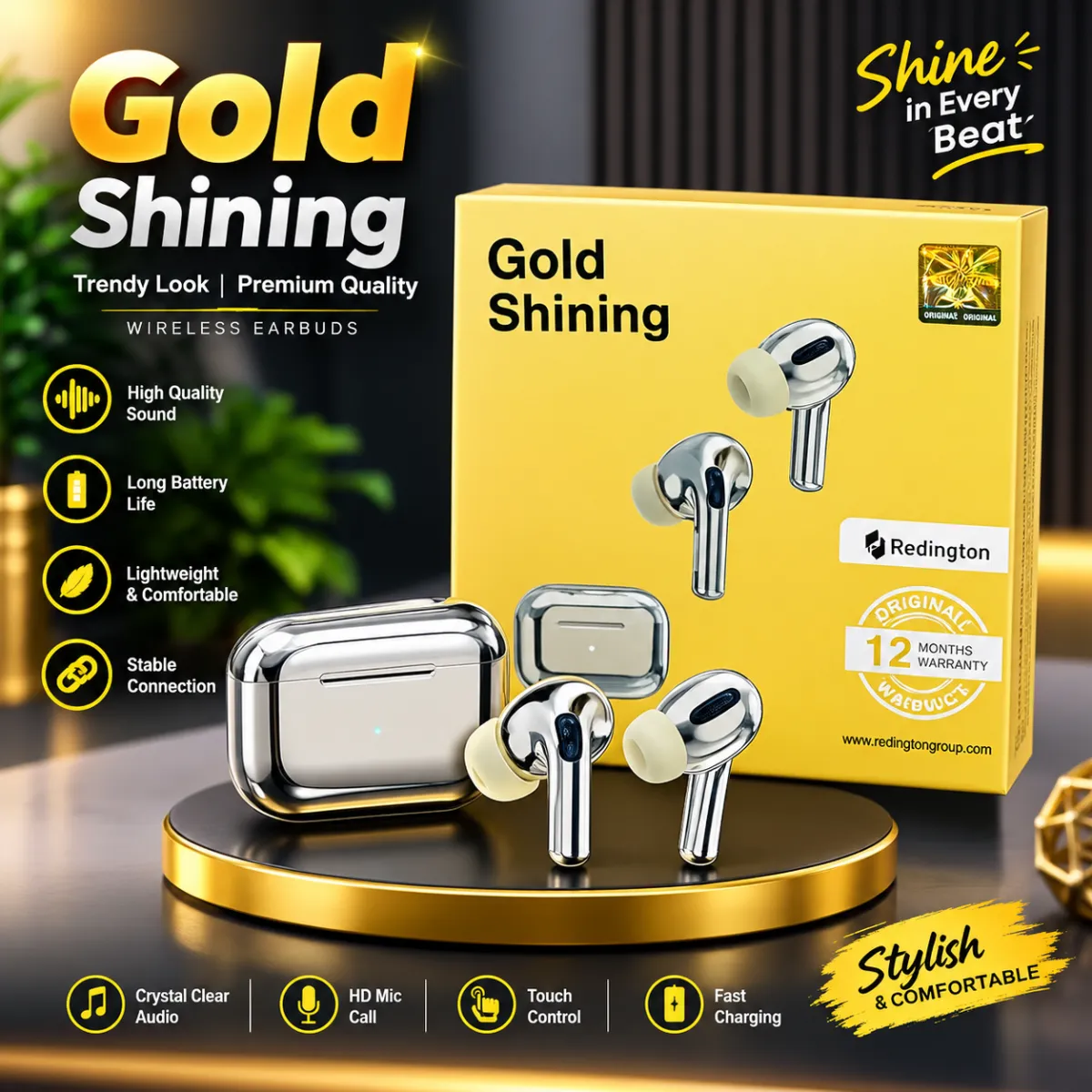 Gold Shining Wireless Earbuds – Premium Stylish Design | Clear Sound & HD Mic
