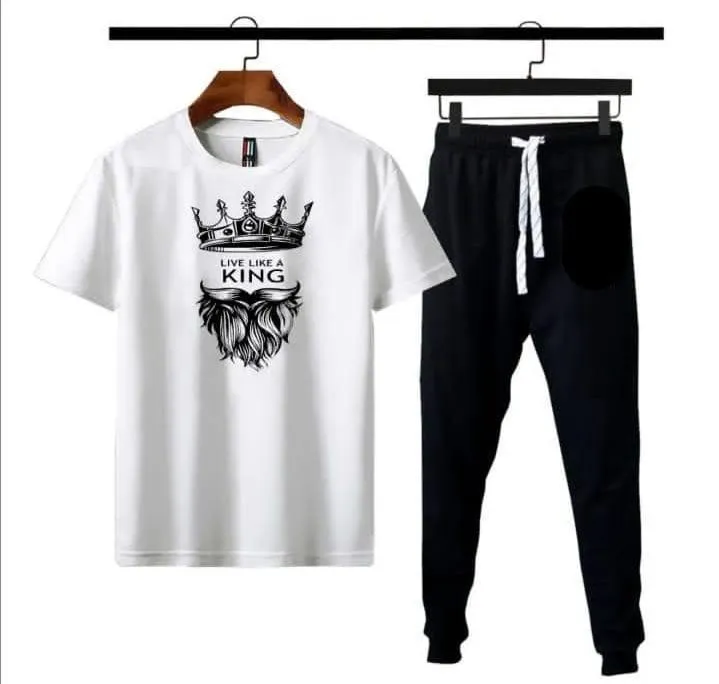 Man's " Live Like a King " Best Printing 2 Pcs Track Suit White And Black
