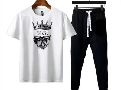 Man's " Live Like a King " Best Printing 2 Pcs Track Suit White And Black - photo 1