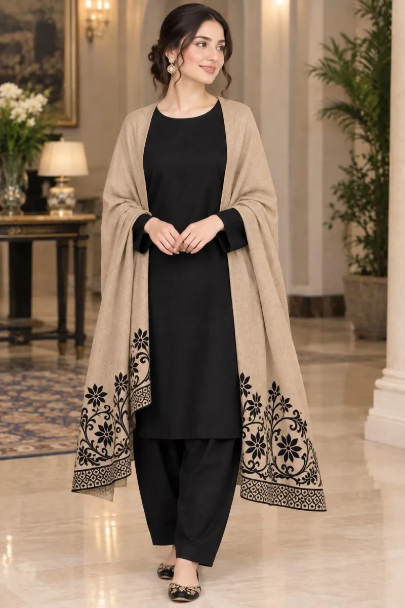 Brosha 3D velvet Pashmina shawl with dhanak shirt and trouser