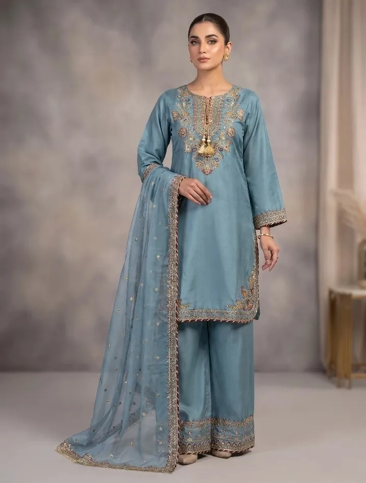 3Pc Embroidered Shamoz Silk, Shirt, Plazo& Dupatta