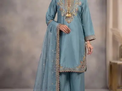 3Pc Embroidered Shamoz Silk, Shirt, Plazo& Dupatta - photo 1