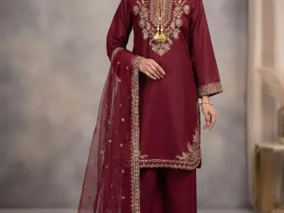 3Pc Embroidered Shamoz Silk, Shirt, Plazo& Dupatta - photo 2