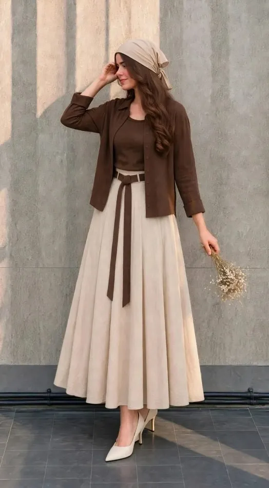 Chocolate Brown and Beige Egyptian Viscose Dress Set