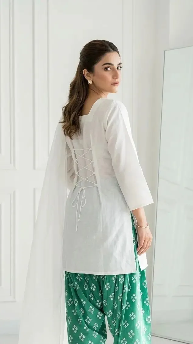 3 Piece Women Lawn Suit with Farshi Shalwar & Dupatta