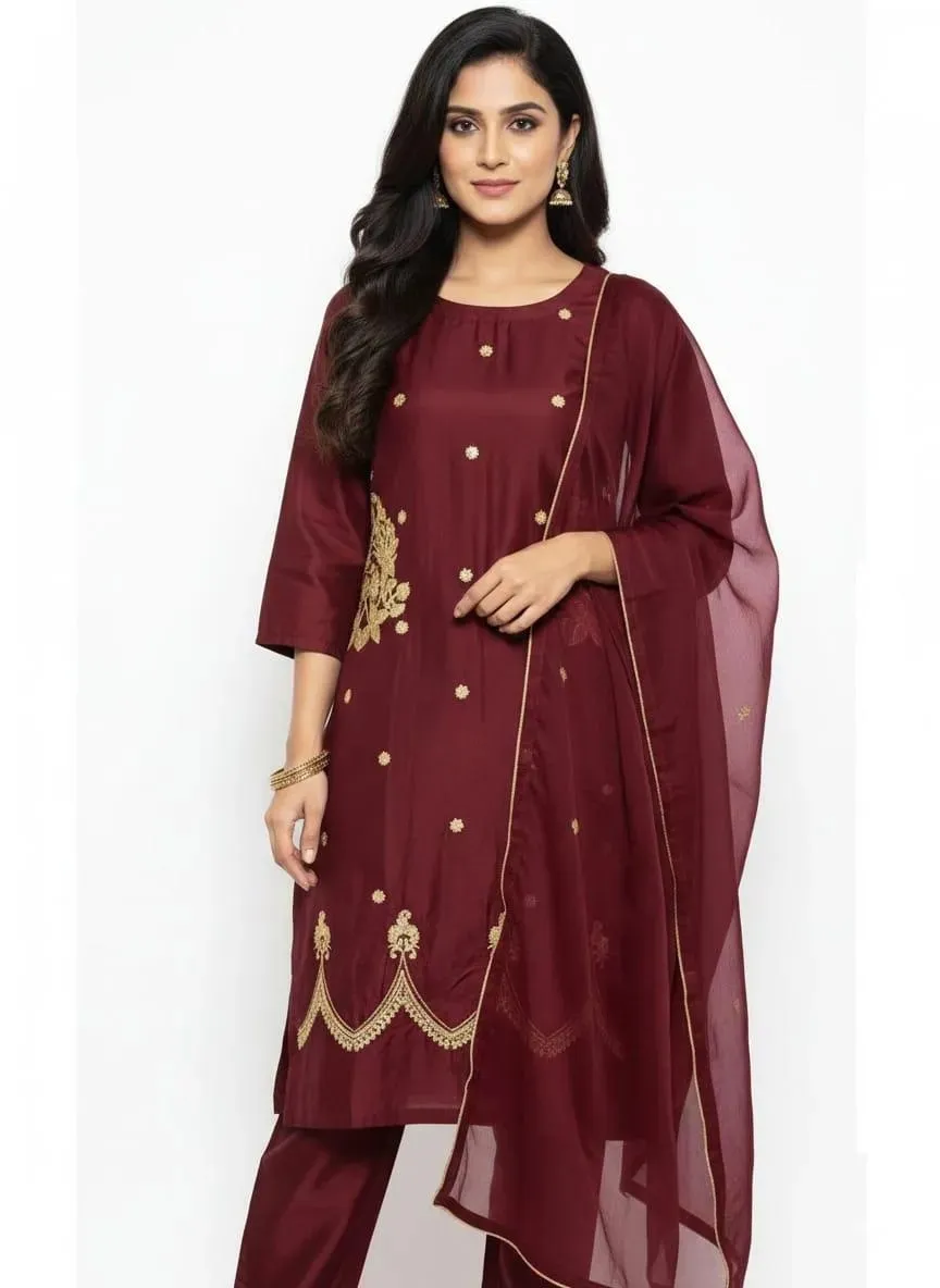 Women Maroon Embroidered Stitched Suit with Dupatta