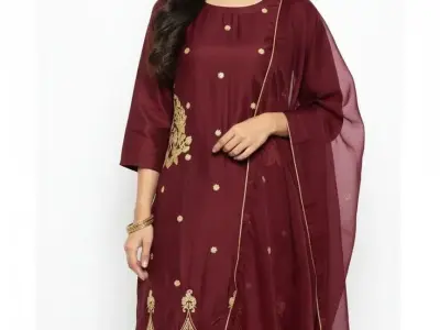 Women Maroon Embroidered Stitched Suit with Dupatta - photo 1