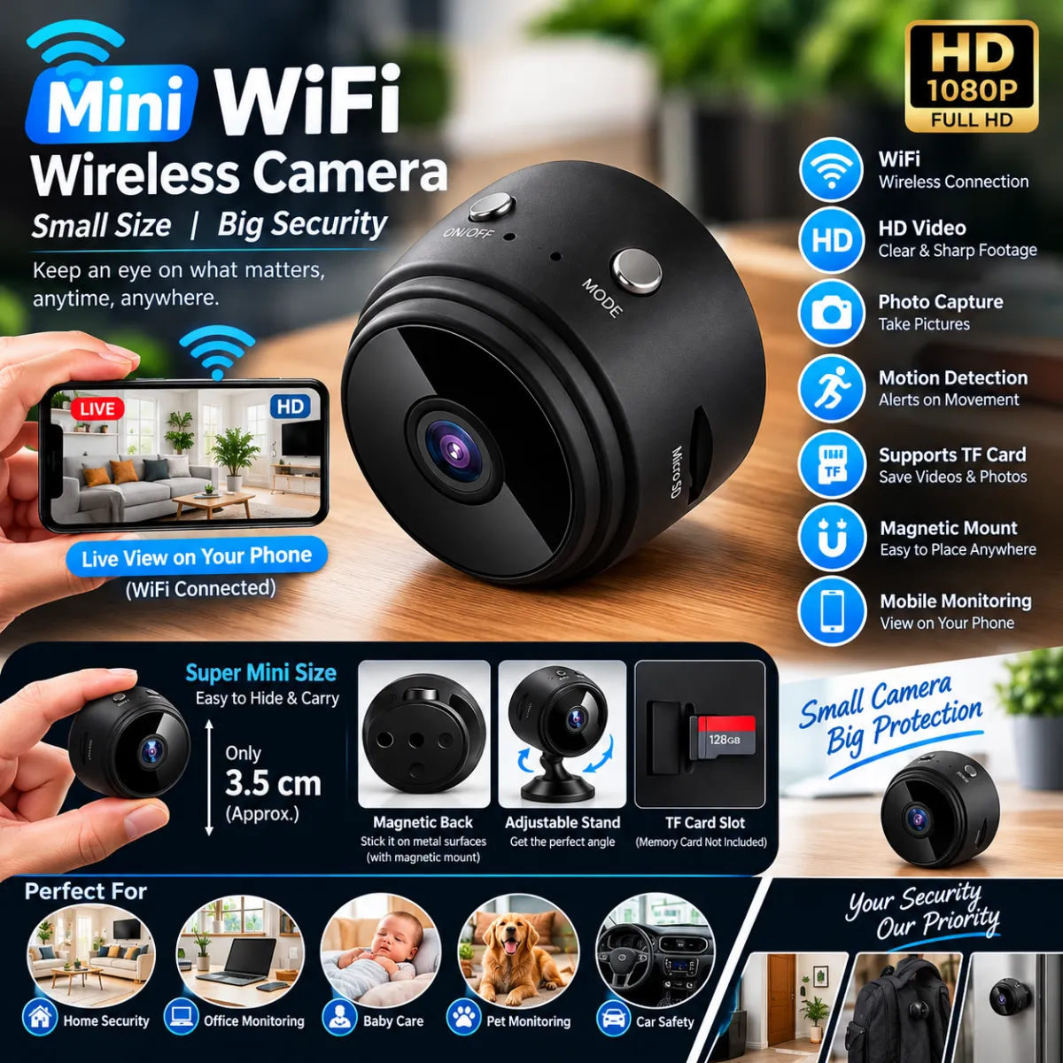 Mini WiFi Wireless Spy Camera – HD Video Recording, Mobile Phone Monitoring & Mo