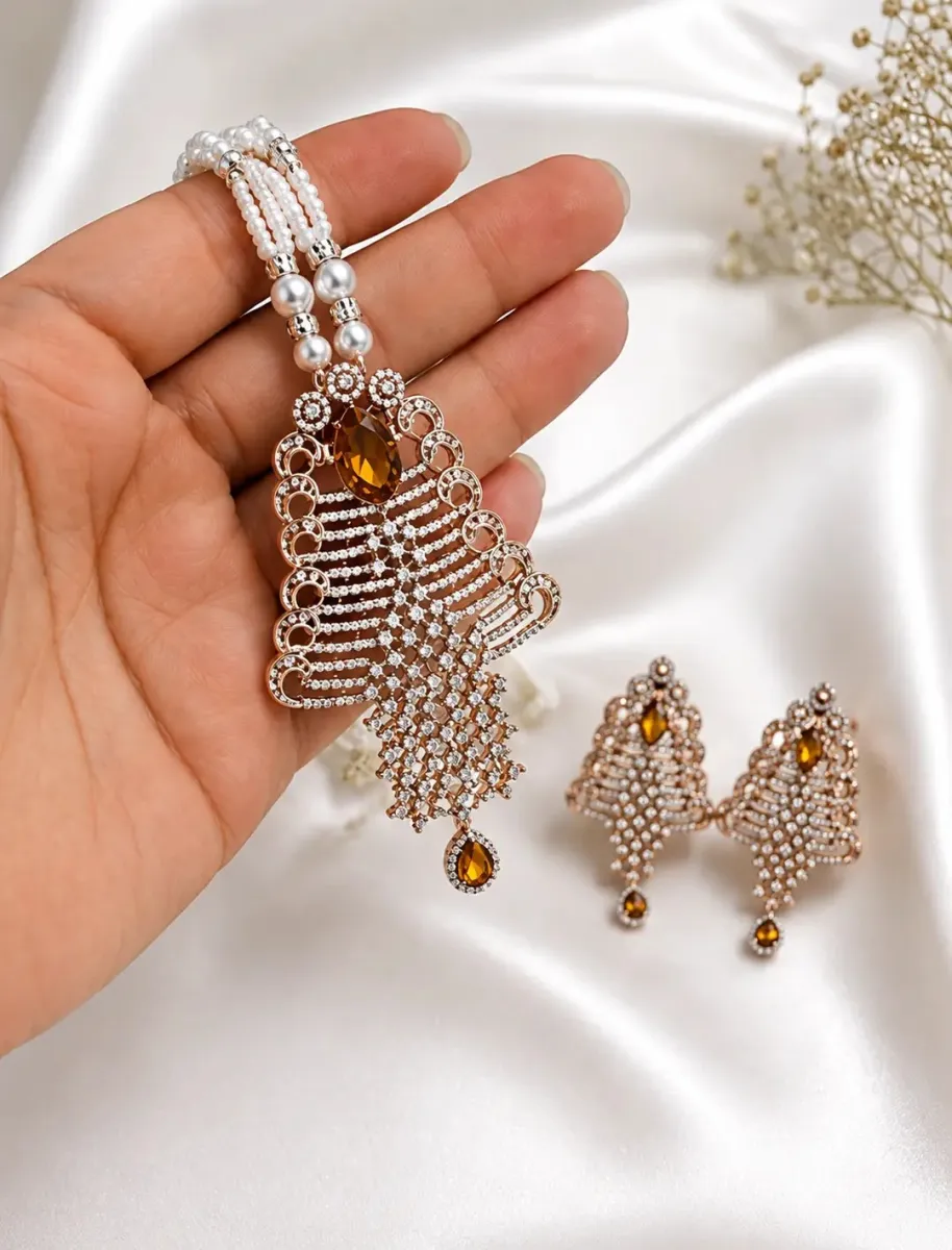 Elegant Gold-Plated Necklace with Matching Earrings | Bridal Wear