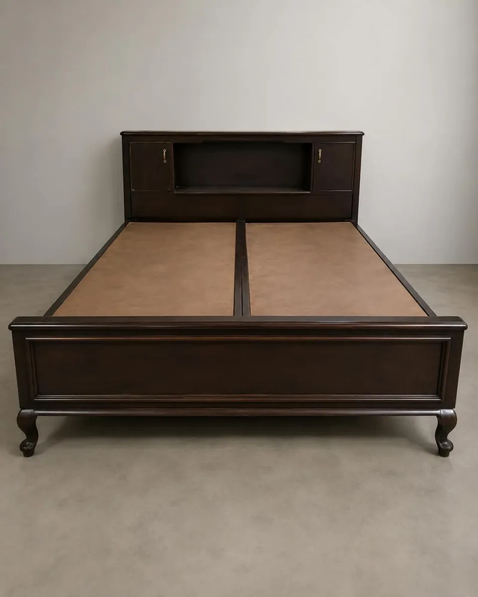 Royal Luxury Wooden Double Bed with Side Tables | Dark Brown Finish