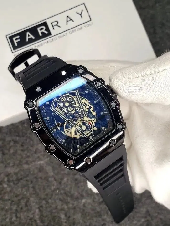 Men's Black Skeleton Watch with Blue Dial