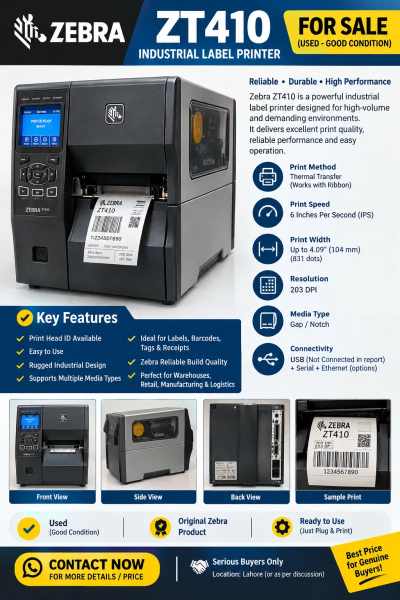 Used Zebra ZT410 Industrial Barcode Label Printer | 203 DPI