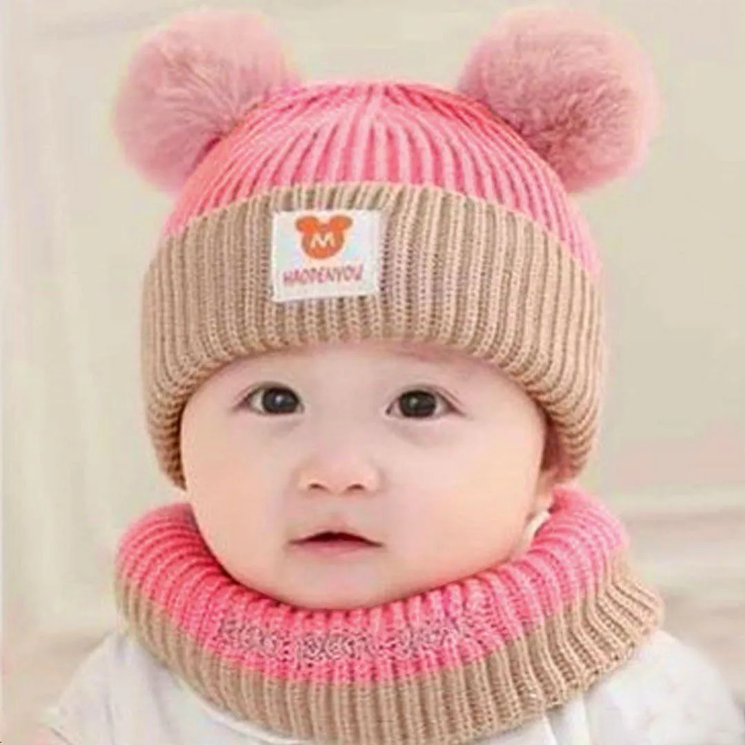 Kids Winter Wool Beanie Cap With Neck Warmer