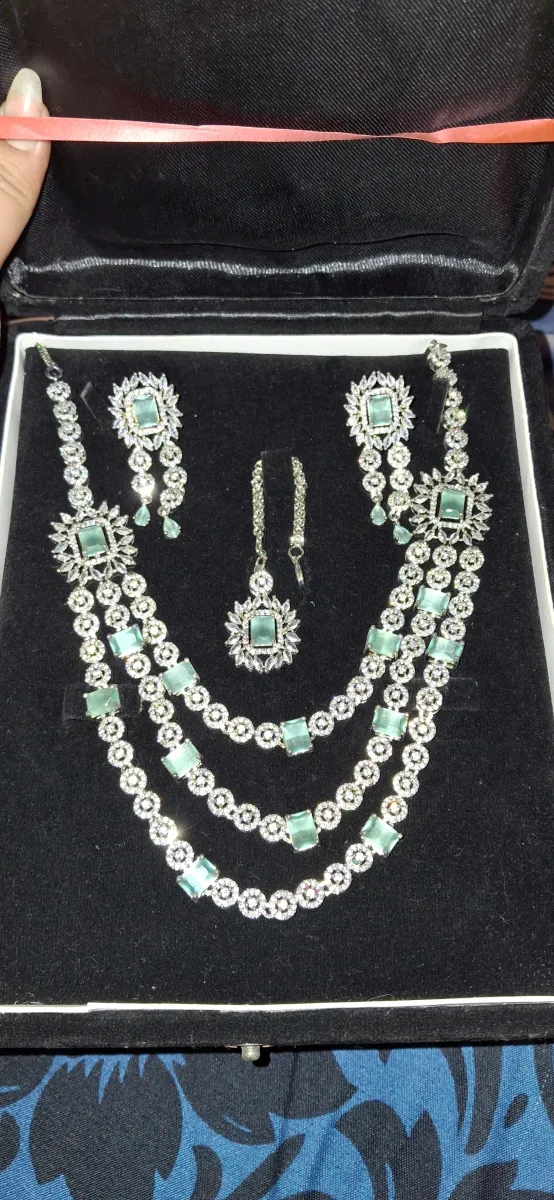 Luxurious Multi-Layer Emerald & Diamond-Studded Party Wear Necklace Set