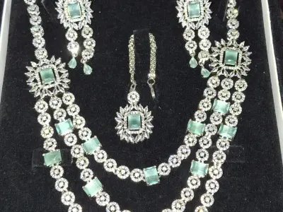 Luxurious Multi-Layer Emerald & Diamond-Studded Party Wear Necklace Set