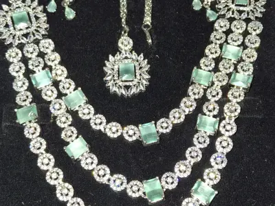 Luxurious Multi-Layer Emerald & Diamond-Studded Party Wear Necklace Set - photo 2