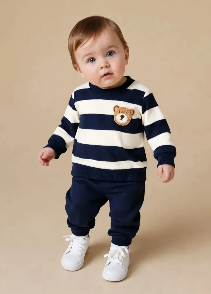 Blue And White Stripes Bear Printed Kids Track Suit