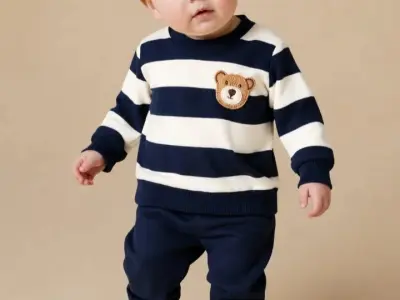 Blue And White Stripes Bear Printed Kids Track Suit