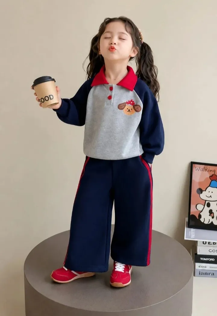 Grey And Navy Blue Cute Puppy Print Kids Track Suit