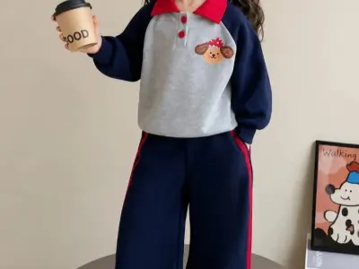 Grey And Navy Blue Cute Puppy Print Kids Track Suit