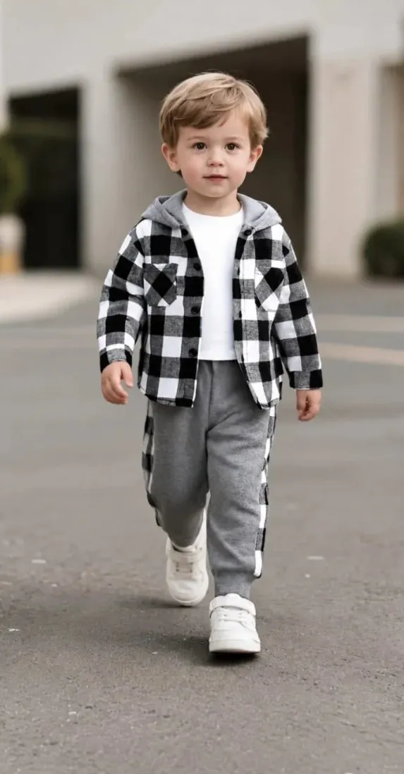 Grey And Black Check Button Down Kids Track Suit